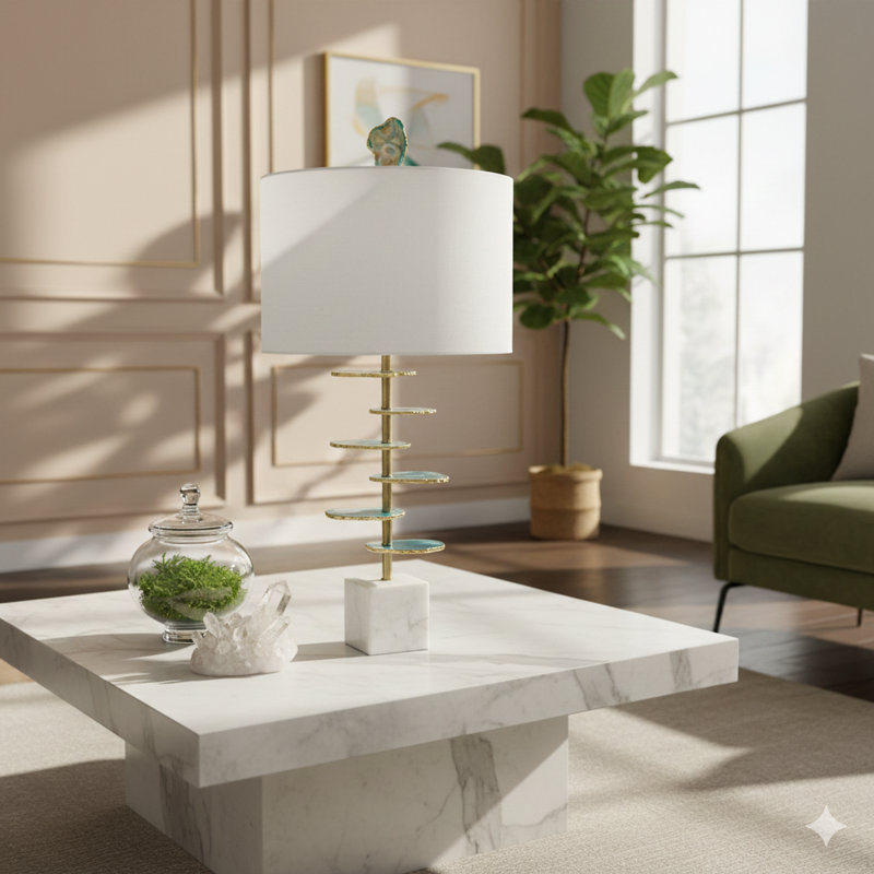 D15x29.5" Verdant Agate-Slice Table Lamp W/ Marble Base