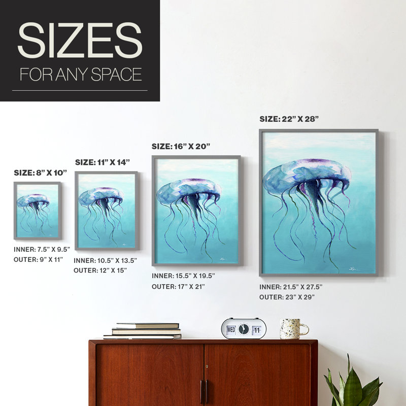 Jelly Fish Framed Print - Solid Wood, Gray Single Picture Framed, 10" H x 8" W