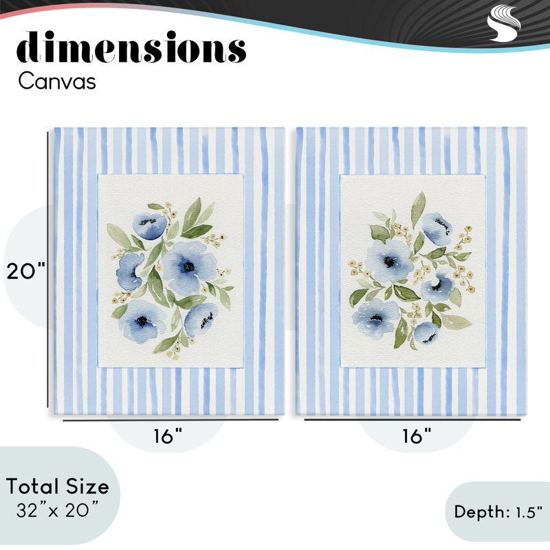Fleurs bleues avec bordure rayée, ensemble de 2 toiles, par Leah Noel Art, H 20 po x l 16 po
