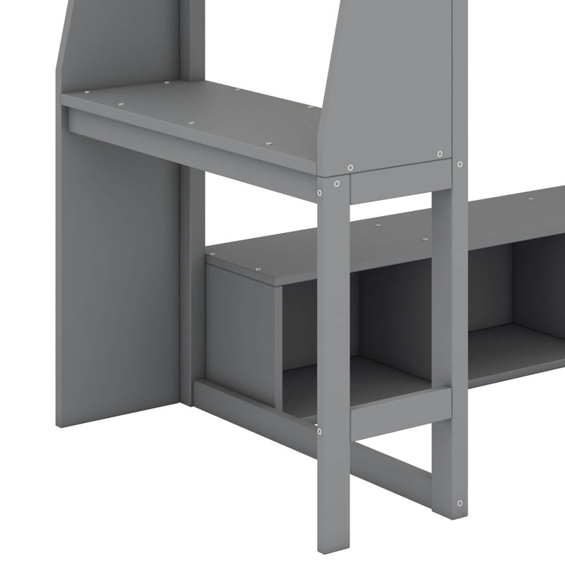 Lit mezzanine en bois multifonctionnel avec bureau à DEL et solutions de rangement, Lit simple