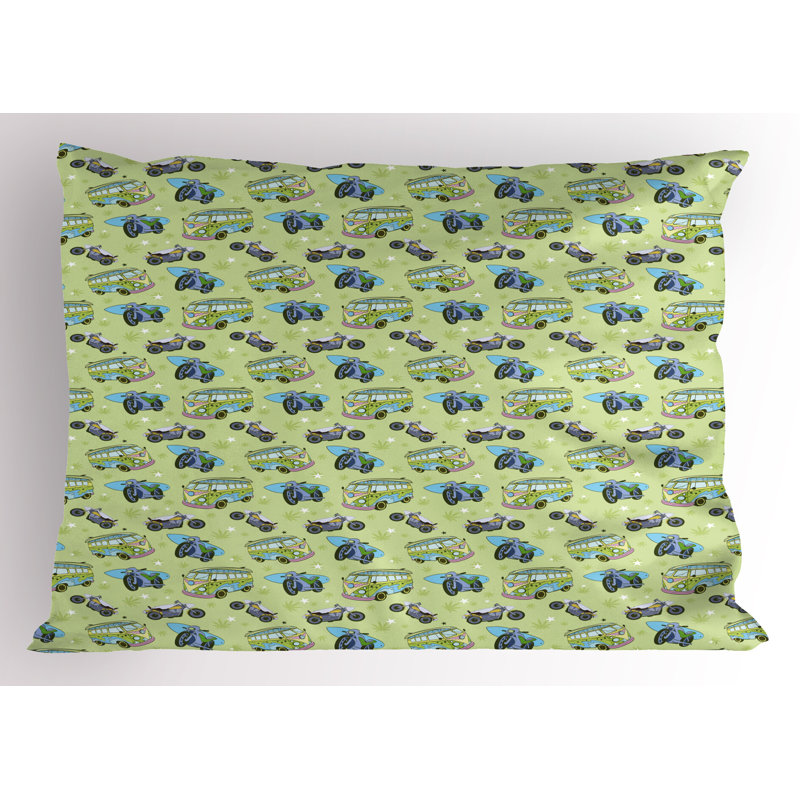 Ambesonne Hippie Pillow Sham 2 Pack Motorbikes and Retro Buses 30"x20" Pale Green Multicolor, 20"H x 30"W