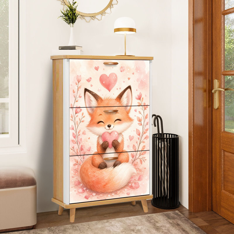 Armoire de rangement pour chaussures avec 3 tiroirs rabattables pour un renard mignon tenant un cœur au milieu d'un range-chaussures floral rose
