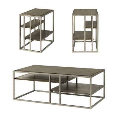 3 Metal And Wood Table For Home: Coffee  2 Chairside Tables, Brown Finish, Rectangular, Fixed Shelves, Stylish Modern Living Room With Wood: End Brow