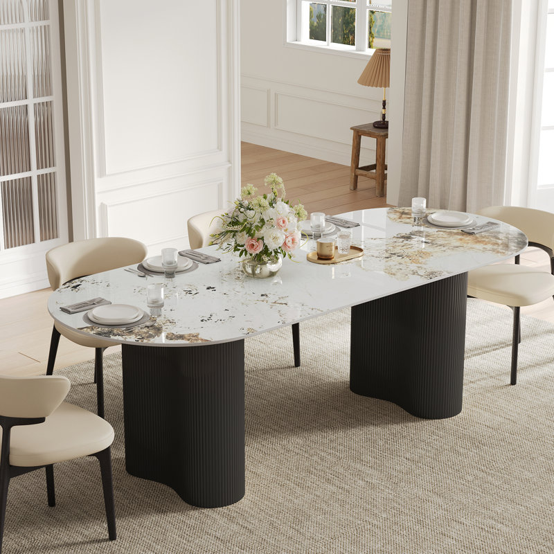 Table de salle à manger moderne 71 "ovale en faux marbre 4-6 personnes, double colonne romaine avec pieds noirs et table de cuisine minimaliste moderne pour le salon