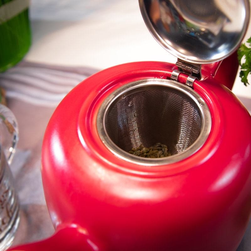 Red Ceramic Teapot with Stainless Steel Infuser, 50oz