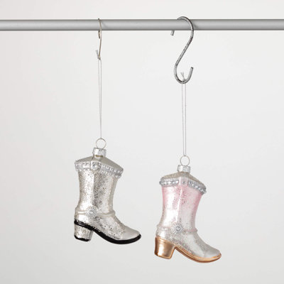 4.5" Christmas Silver Pink Boot Ornaments Set of 2, Pink-White