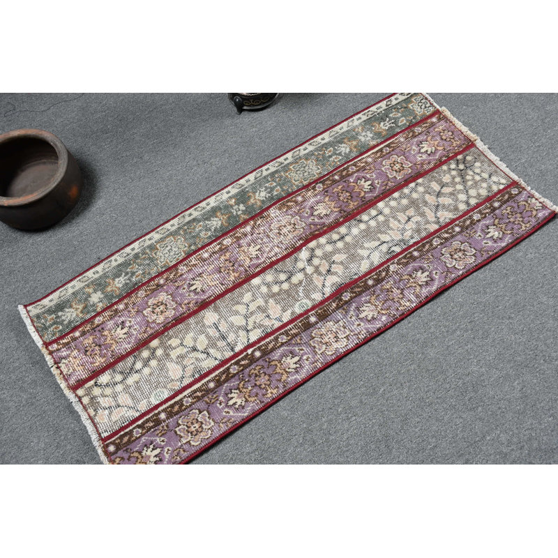 Handwoven Vintage Turkish Wool Rug with Floral Design Ideal for Hallways and Small Areas Brown/Purple