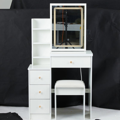 Petite coiffeuse de 29,2 po avec tabouret rembourré, petite tablette de chevet gauche, commande tactile, interrupteur tricolore, miroir à luminosité réglable, rangement grande capacité