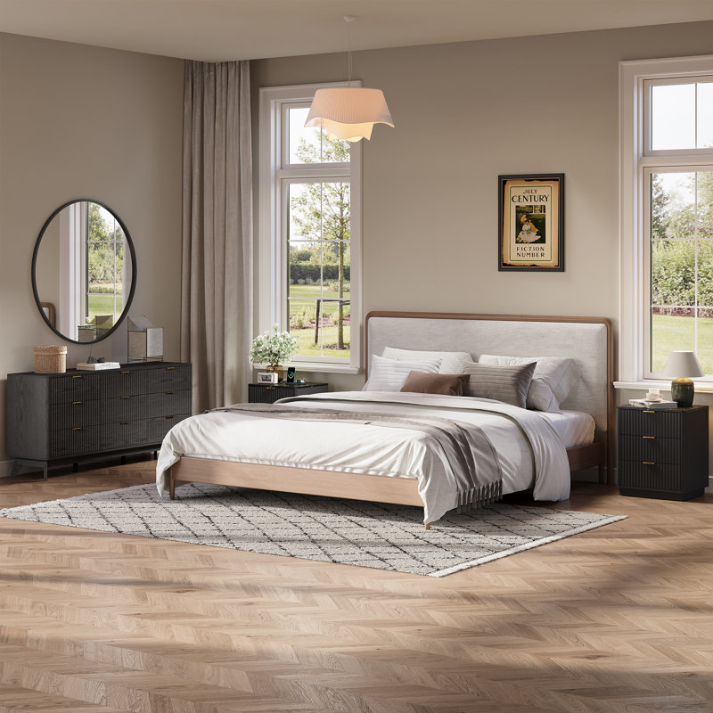 Ensemble de chambre à coucher 3 pièces, commode 9 tiroirs et tables de chevet 3 tiroirs, Noir