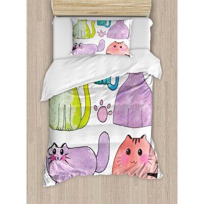 Kitten Hand Drawn Set of Cartoon Style Cute Domestic Cats Pets Paws in Watercolors Duvet Cover Set -  Ambesonne, nev_32808_twin