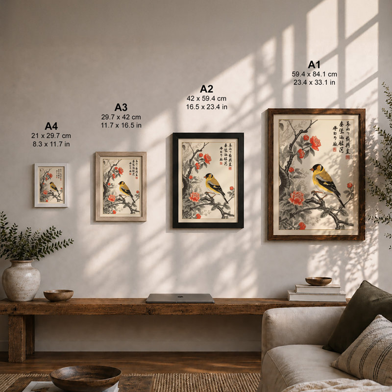 Bird Among Peonies Japandi - Framed Print, A1 - 84.1 x 59.4 cm, Unframed