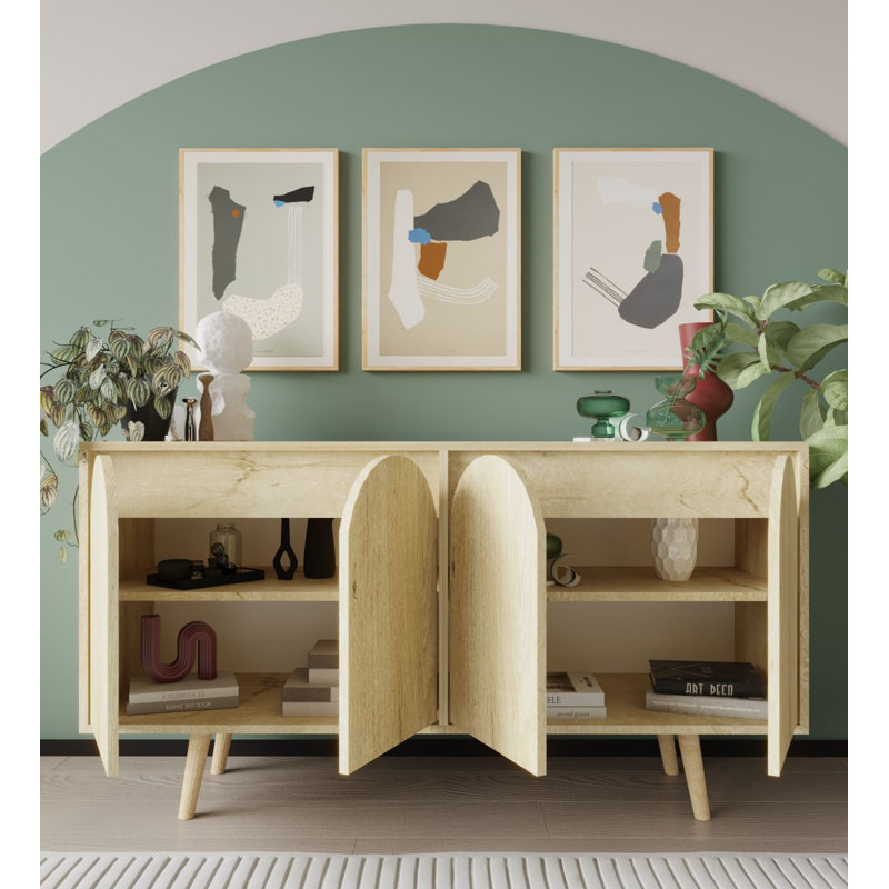 Buffet décoratif 4 portes avec pieds en bois Lilliana, Chêne saphir