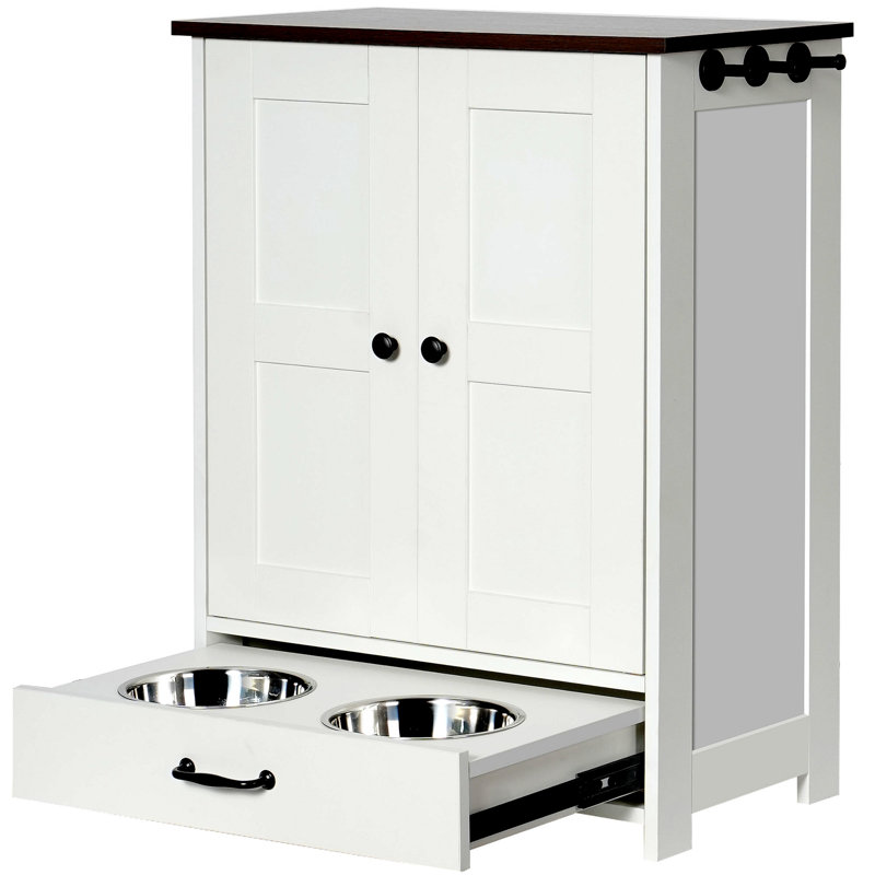 Station d'alimentation pour chien, armoire de rangement pour nourriture pour chien avec bols de chien cachés, panneau réglable, crochets, pour chiens de taille moyenne
