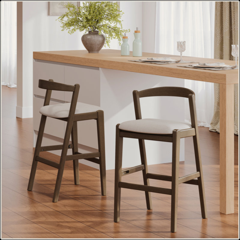 Tabouret de bar d'intérieur en bois d'hévéa, ensemble de 2, Siège gris / cadre brun foncé