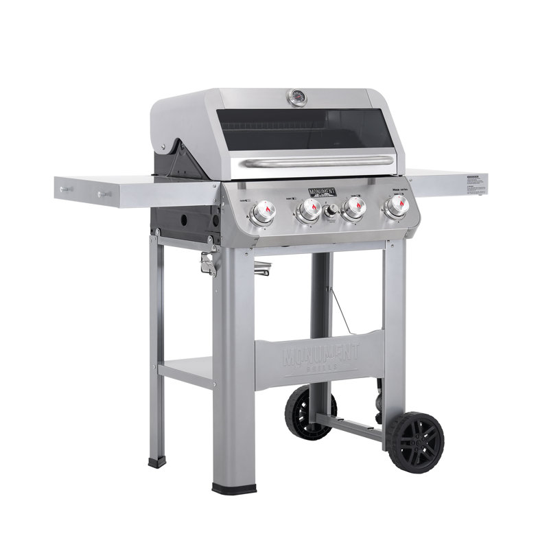 Barbecue au gaz en acier inoxydable à 4 brûleurs 400MF Monument Grills Mesa avec 36 000 BTU, couvercle en verre, grilles en fonte et surface de cuisson de 570 po², barbecue au propane pour la cuisine extérieure