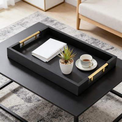 Large Rectangular Serving Tray With Gold Handles For Coffee Table Or Ottoman, Faux Leather Decorative Tray For Living Room, Bedroom, Or Kitchen