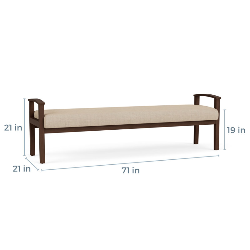 Amherst Wood Waiting Reception 3 Seat Bench Upholstered Seat Solid Wood Frame, Riftwood Walnut, Chambray Limestone