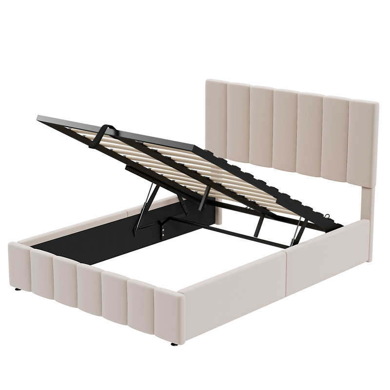 Lit plateforme tapissier double avec rangement à levage hydraulique, mobilier de chambre beige moderne, Beige, Lit double