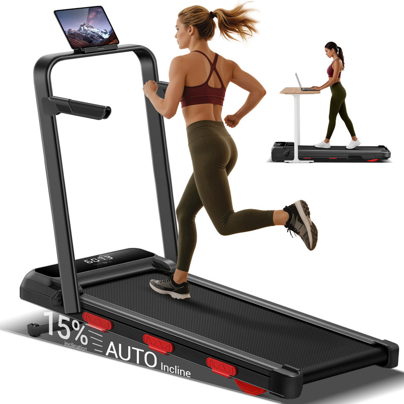 UMAY Foldable Under-Desk Walking Pad Treadmill for Home Use – 15% Auto Incline, 12 Adjustable Levels, Handrails, 43″ High Armrests, Portable