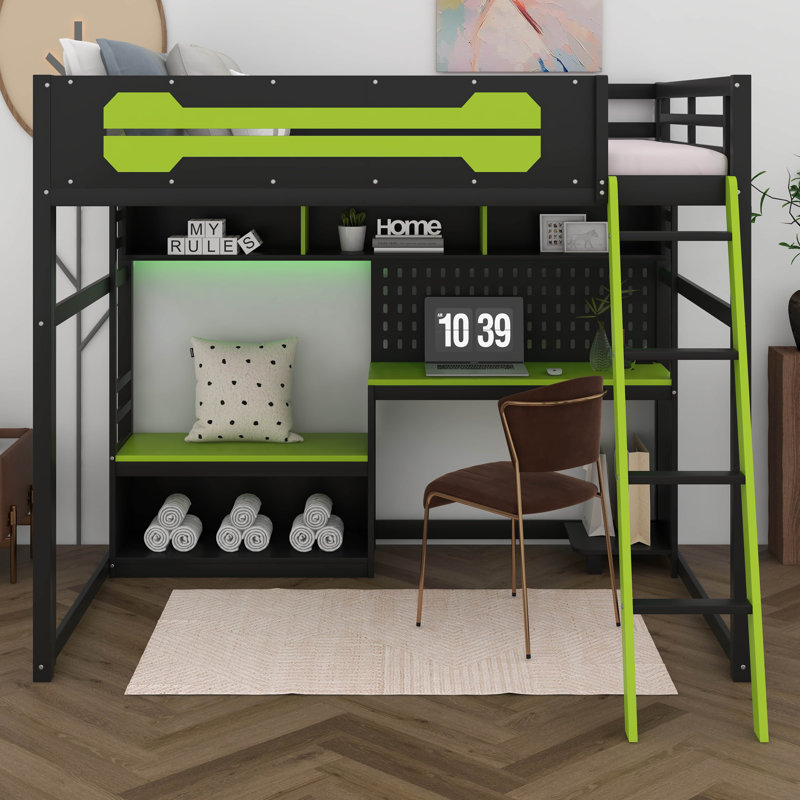 Lit mezzanine double avec bureau, tablettes de rangement et lumières DEL, lit mezzanine en bois avec ports USB et panneau perforé