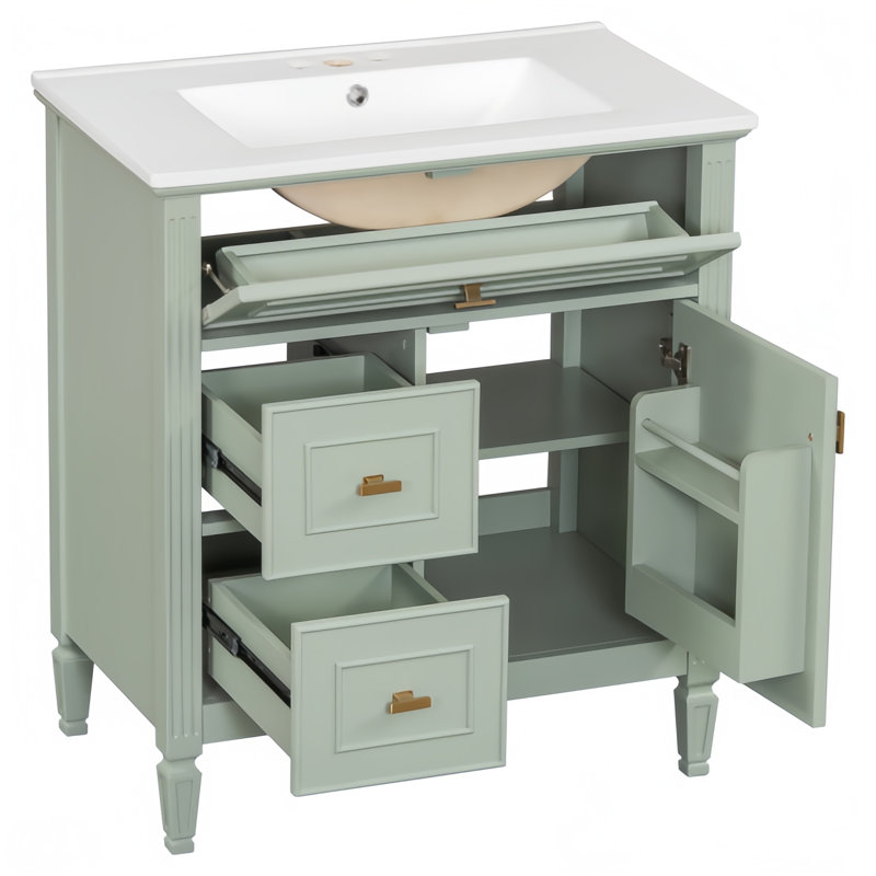 Meuble-lavabo autoportant avec rangement à couvercle rabattable de 30 po, 2 tiroirs et tablette réglable, structure en bois massif