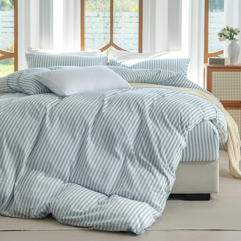 100% Washed Cotton Striped Duvet Cover Set Linen Like Comforter Set, Queen  Duvet Cover + 2 Shams, Cornflower Blue/White