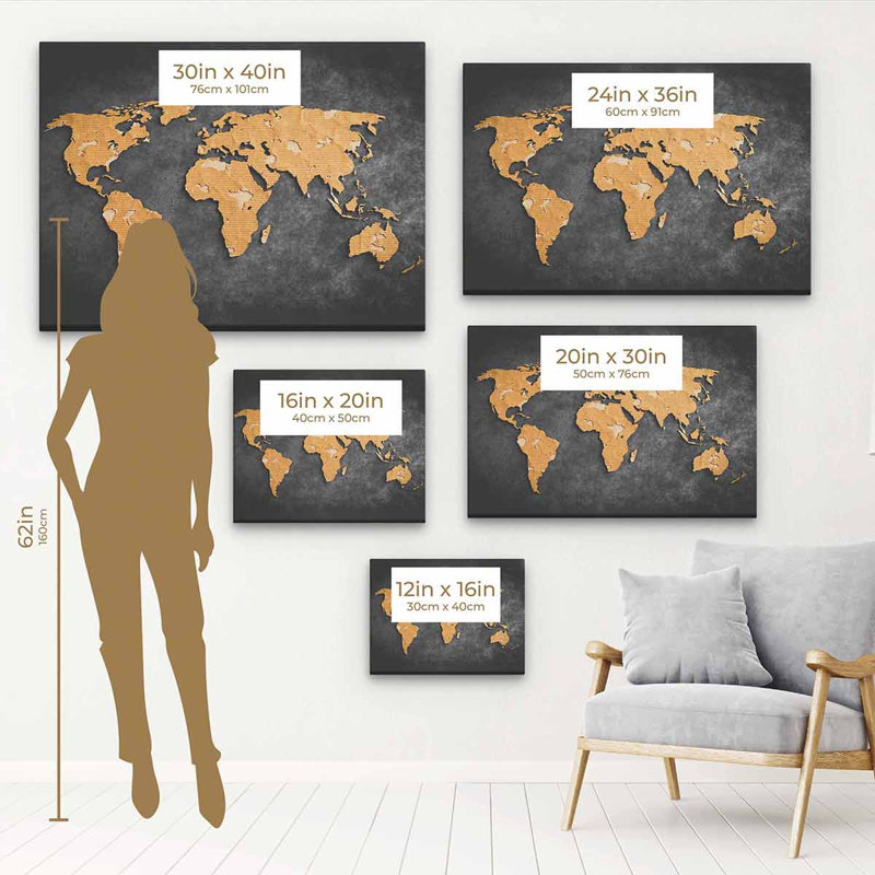 Ziggie, carte du monde noir, art mural sur toile 6976, H 16 po x l 20 po, Cadre flottant blanc