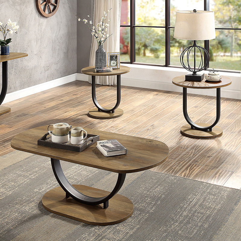 Table basse 3 pièces de style industriel et base en forme de SU 1 table basse ovale en acier 2 tables de bout rondes