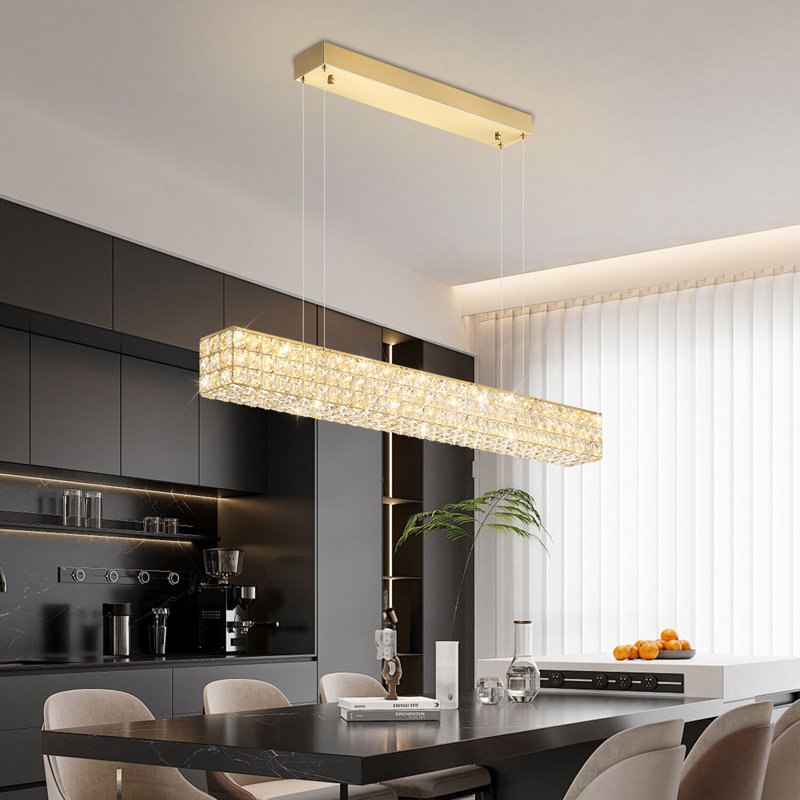 Modern Crystal Chandelier Rectangular Crystal Chandelier Contemporary Linear Pendant Ceiling Light Fixture For Living Dining Room Kitchen Island