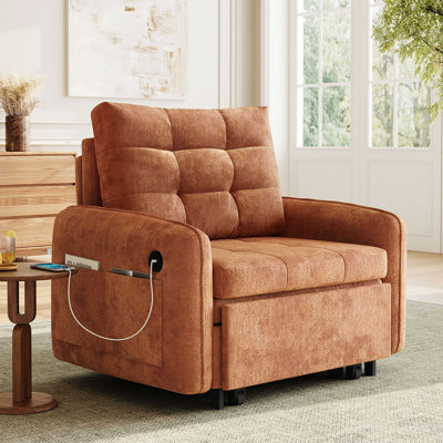 3-In-1 Convertible Sleeper Chair Bed, 80" Pull-Out Chenille Single Sofa With USB Ports, Storage Pockets & Box