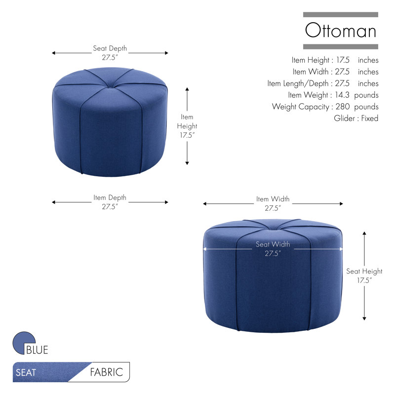 Repose-pieds rond en tissu Wrought Studio ™ Arlo 27,5 po, Tissu bleu
