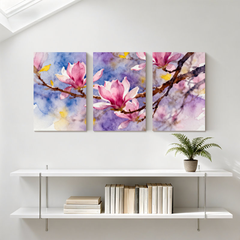 «Magnolia Pink Magnolia Blossoms On Branches», ensemble de 3 impressions sur toile, H 18 po x l 36 po