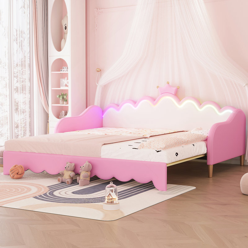 Twin Extending Daybed With LED Lights, Modern Upholstered Princess Daybed, Pink