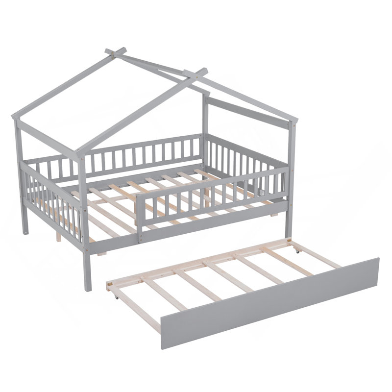 Lit double en bois avec lit gigogne simple, gris, Gris