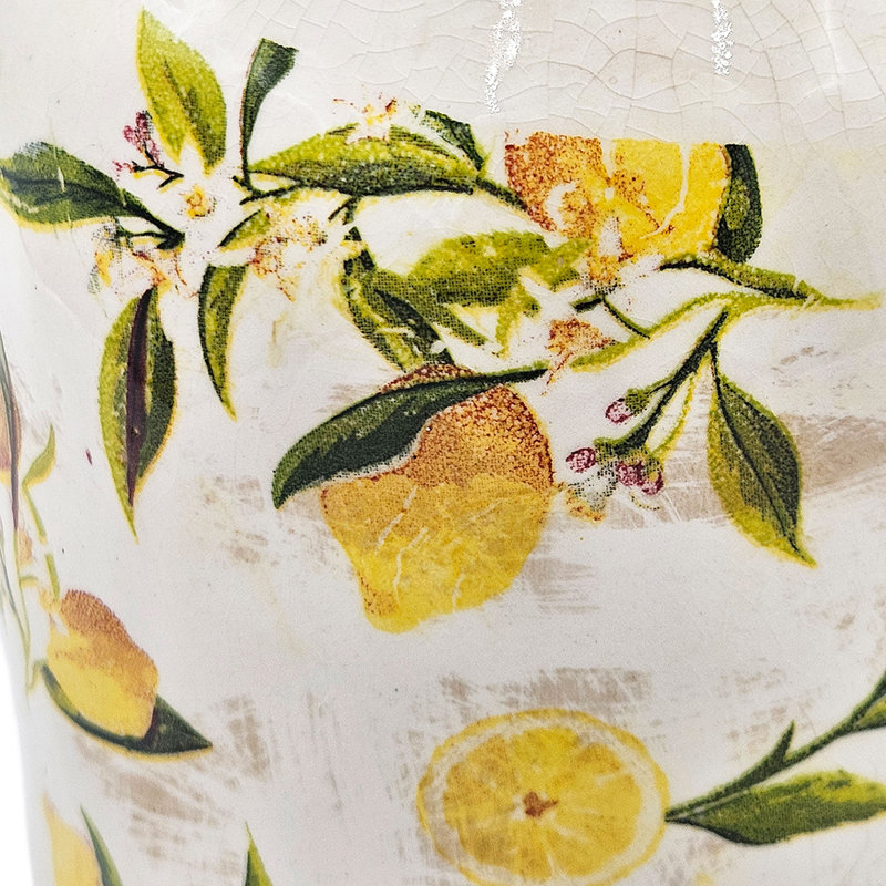 Vase en céramique blanche avec motif jaune citron, H 11,8 po x l 5,7 po x P 5,7 po