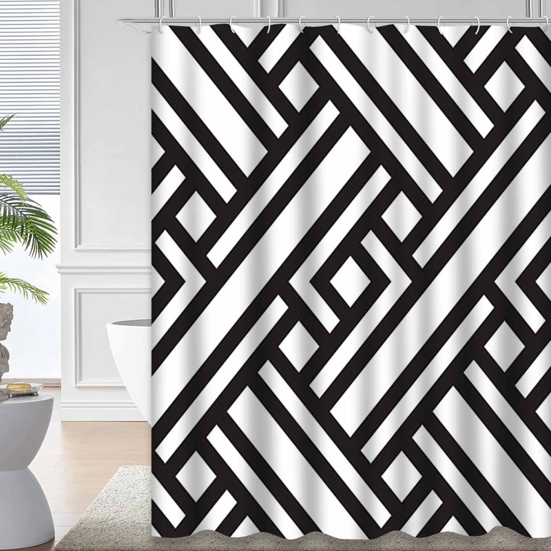 Rideau de douche abstrait à motif géométrique noir et blanc abstrait avec 12 crochets, L 72 po x l 72 po