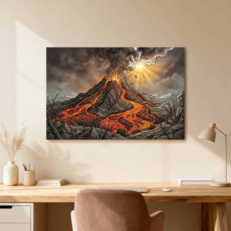 Éclosion volcanique, coulée de lave, montagne, coucher de soleil, ciel, nuages de cendres, 20" H x 30" W, Toile tendue