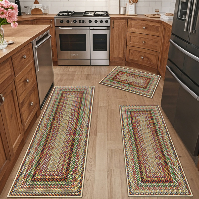 Tapis de cuisine lavable à la machine avec envers antidérapant (ensemble de 3), Red;Brown