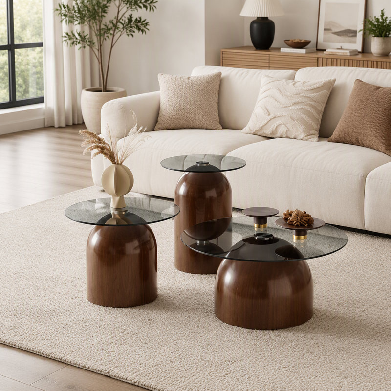 Petite table basse, table centrale ronde avec plateau en verre trempé, Noyer - 3 pièces