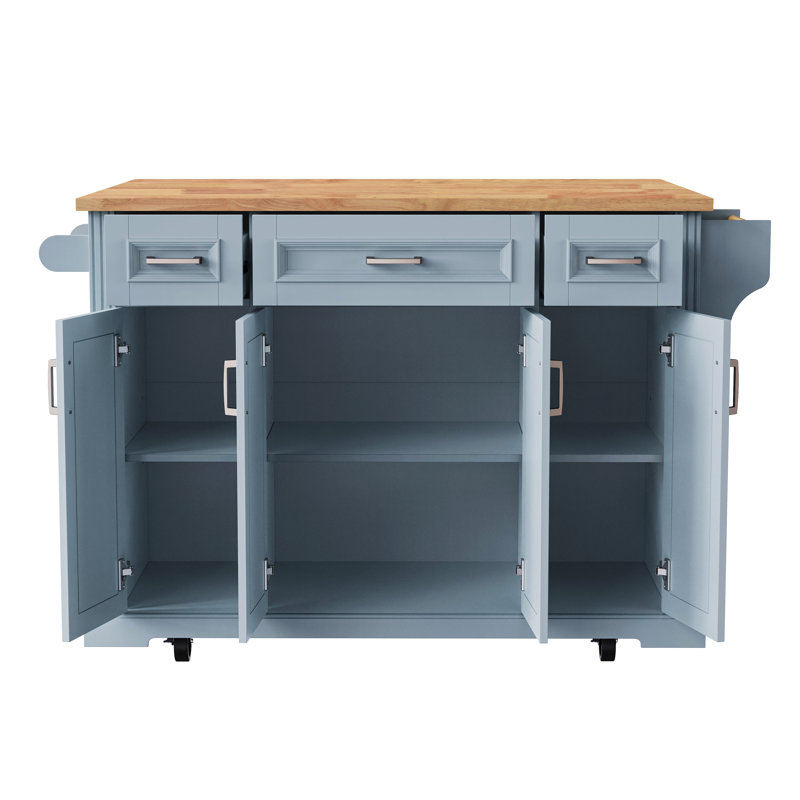 54inch Large Kitchen Island with Rubber Wood Drop Leaf, Embossed Texture Rolling Kitchen Cart on 4 Wheels with 4 Doors and 3 Drawers, Kitchen Island with Storage for Kitchen, Dining Room