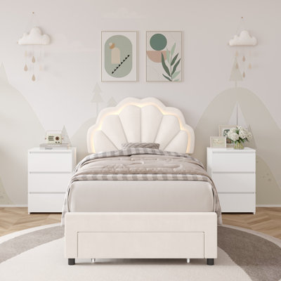 3-Piece Bedroom Sets, Modern Upholstered LED Bed With Drawer & 3-Tier White Nightstands by Wrought Studio
