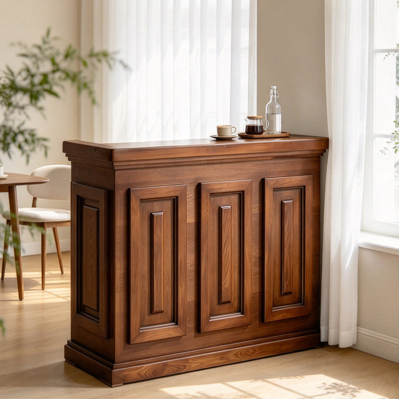 Bureau de réception traditionnel en bois massif, finition noyer foncé avec motif en relief