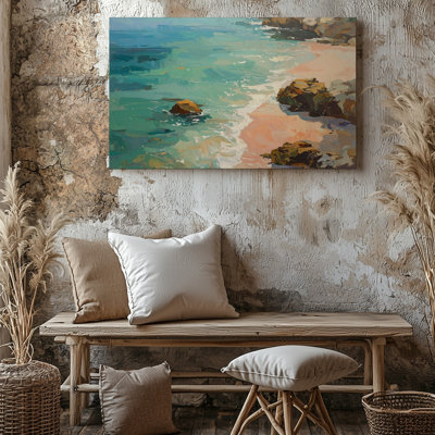 Wall Art Serene Coastal Shoreline Canvasminimalist Turquoise And Peach Seascape Canvas Ready To Hang Gallery Wrapped Home Decor Decor