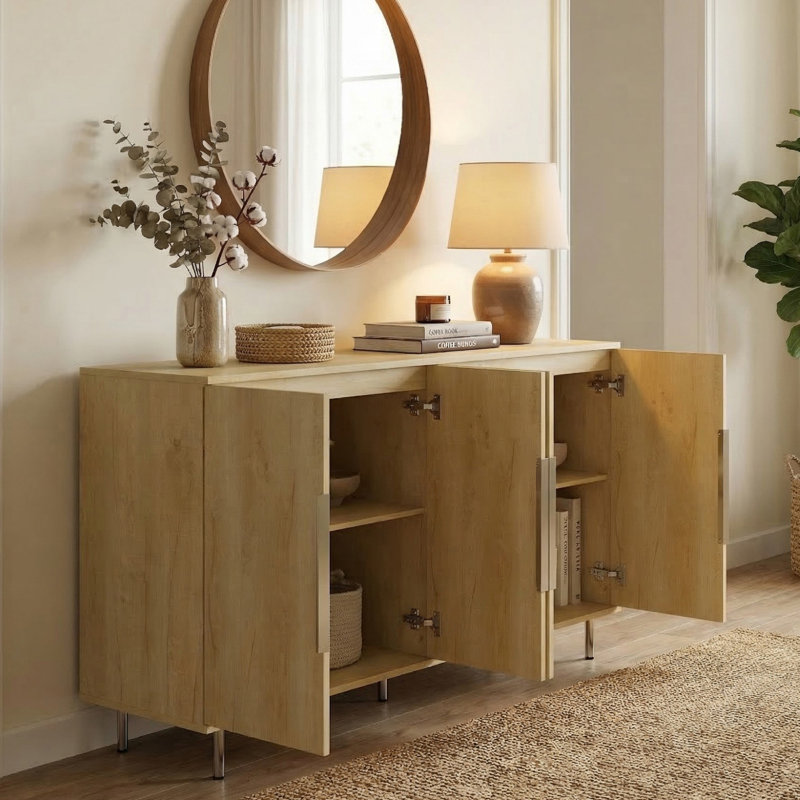 57" Wood Sideboard Console Table Entryway Table with Cabinets, Oak Wood