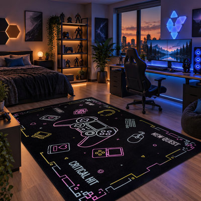 Tapis de jeu Neon Arcade, noir, envers antidérapant