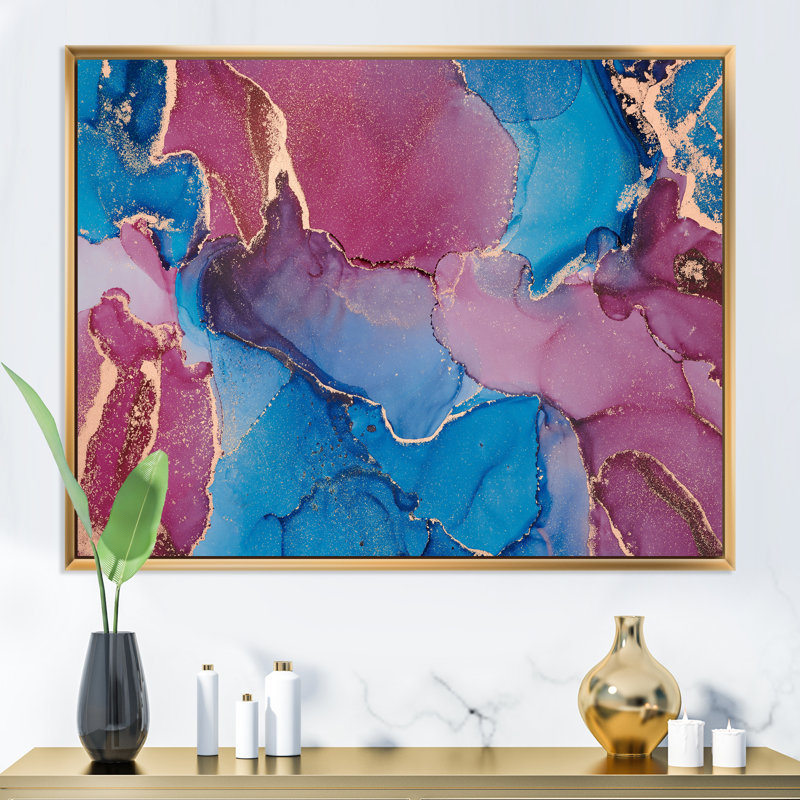 Bleu et mauve luxueux abstrait fluide - Peinture sur toile, H 34 po x l 44 po, Cadre flottant doré