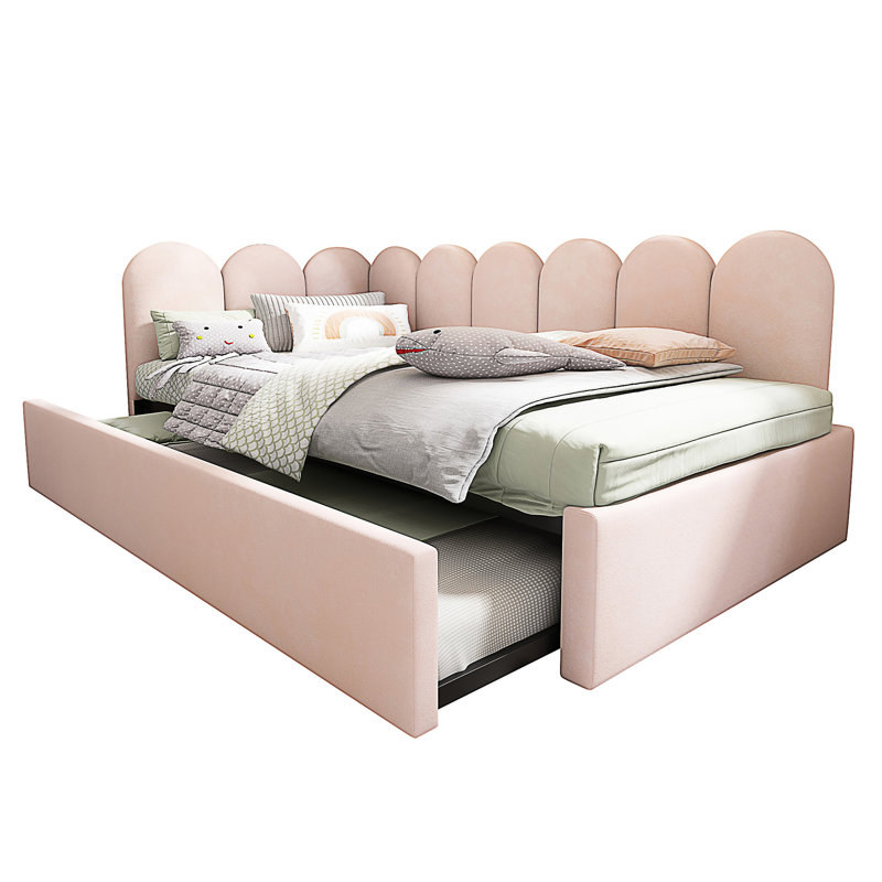 Upholstered Bed Daybed With Pull-Out Bed, Twin Size Single Sofa Bed, Pink