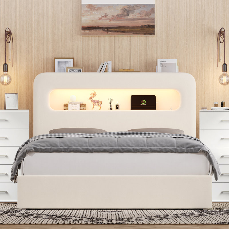 Structure de lit tapissier, lit de rangement avec DEL et station de charge, Complète, Gris