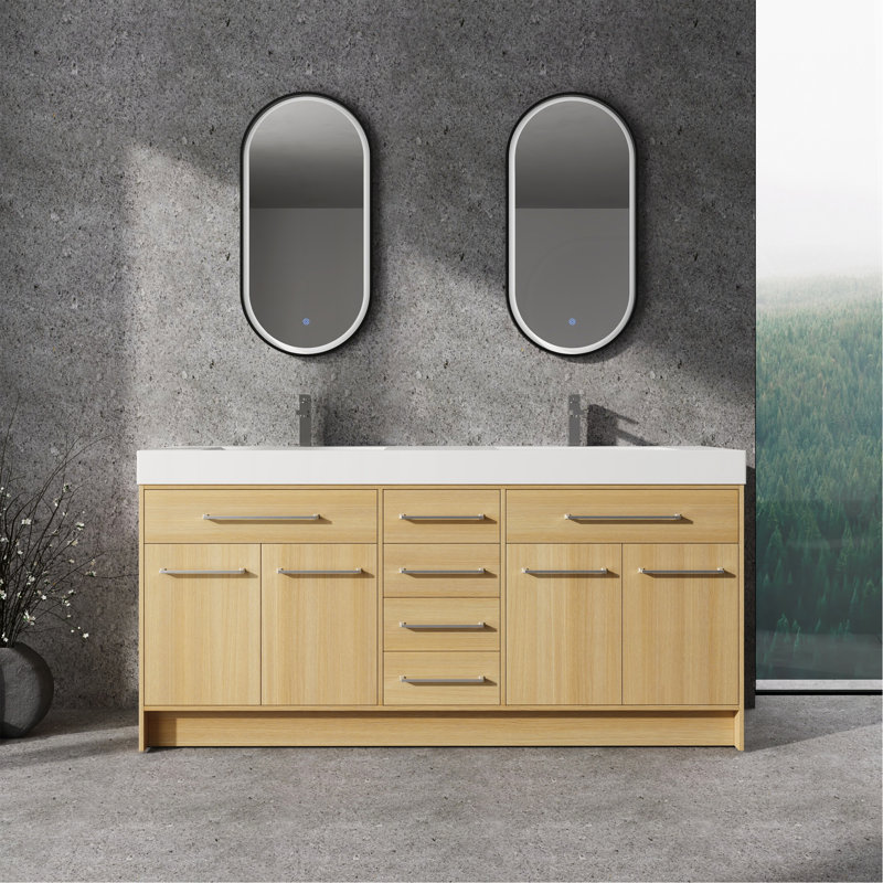 Meuble-lavabo autoportant de 72 po avec double lavabo en résine, 4 portes à fermeture douce et 6 tiroirs à fermeture douce, chêne original, contreplaqué