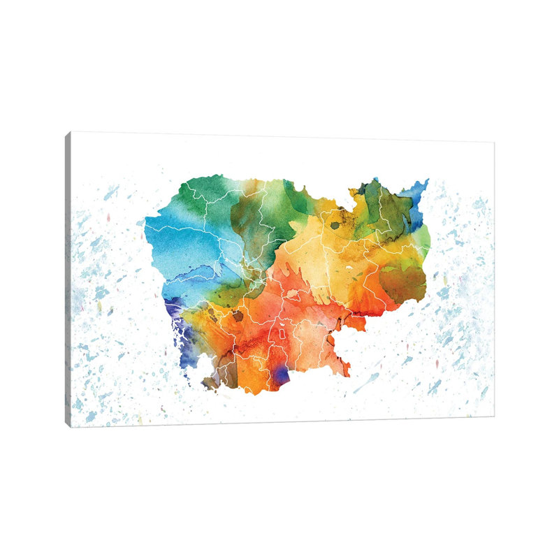 Cambodia Colorful Map by WallDecorAddict - Gallery-Wrapped Canvas Giclée on Canvas, Wrapped Canvas, 20.32 cm H x 30.48 cm W
